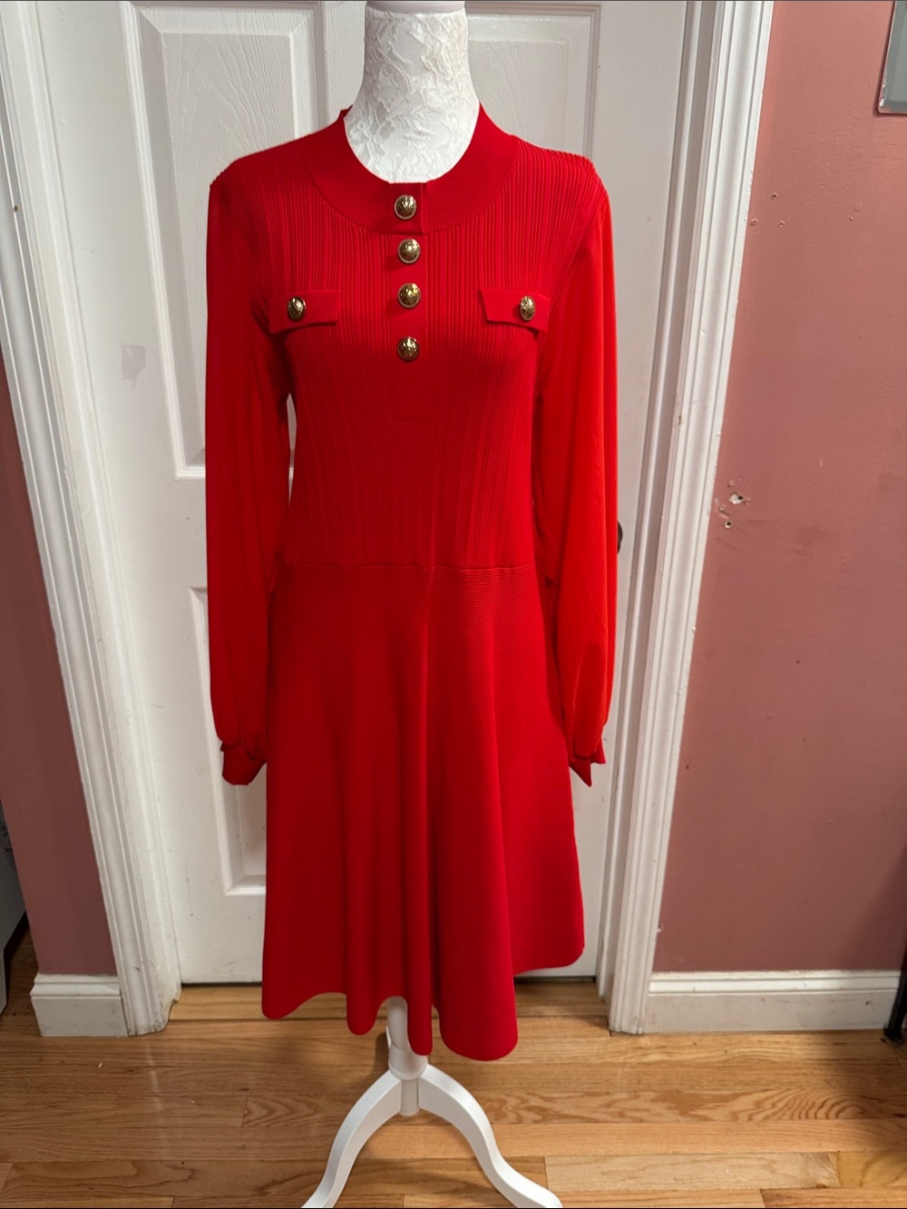 Karen Millen Red Long-Sleeve Knit Dress with Gold Buttons NWOT